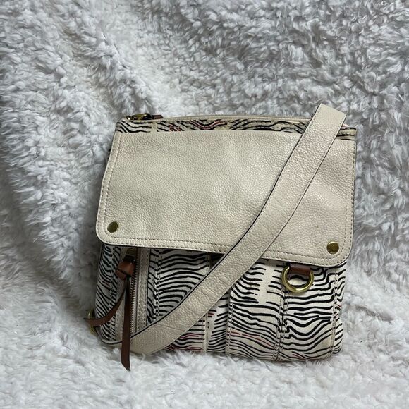 Fossil Morgan Messenger bag canvas beige,red &black stripes beige leather trims - Picture 4 of 15